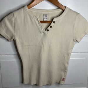 BDG Cream Ribbed Short-Sleeve Henley Tee